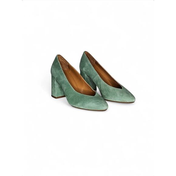 NIB Sezane Alice High Heels Suede Block Heel Pump Green EU 37 /US 6 - Picture 3 of 11